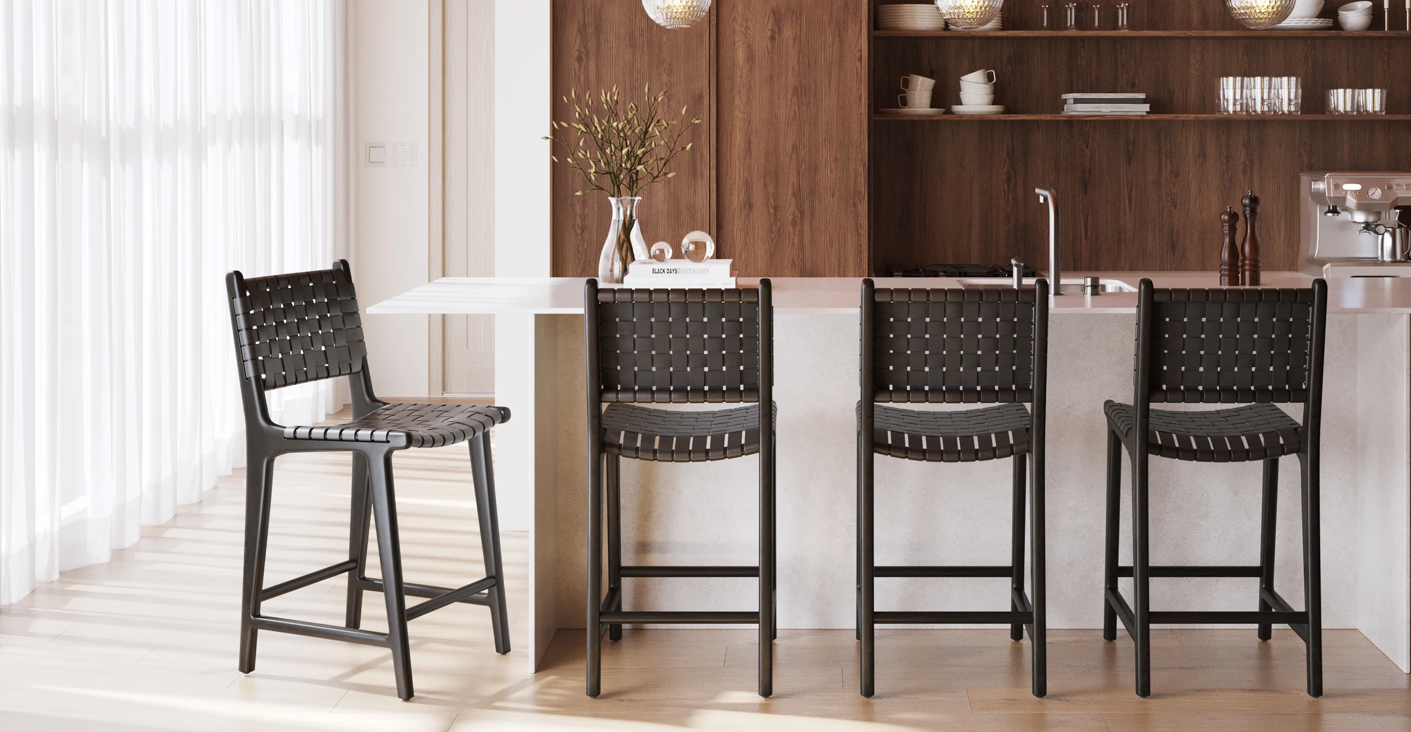 Banda Teak & Woven Leather Counter Height Stool - Image 31